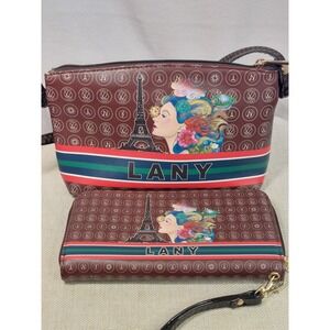 LANY Eiffel Tower Whimsical Parisan Graphic Crossbody Purse Wallet Brown Artsy